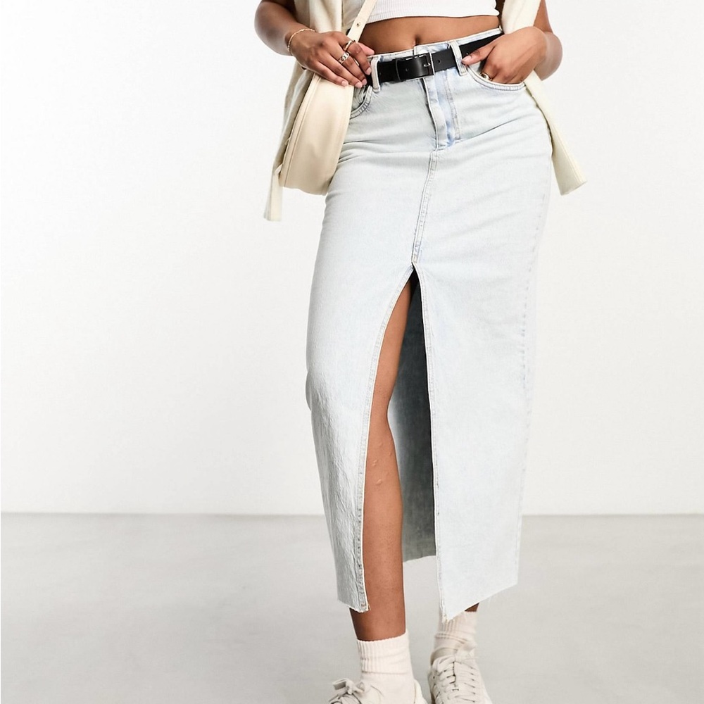 Stradivarius denim midi skirt with front split in light blue wash